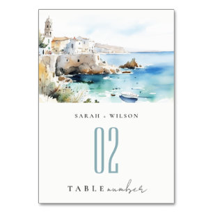 Puglia, Italien Aquarell-Landschaft Hochzeit Tischnummer