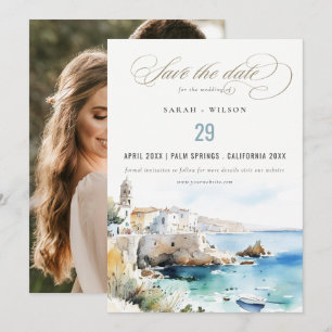 Puglia, Italien Aquarell-Landschaft Hochzeitsfoto Save The Date