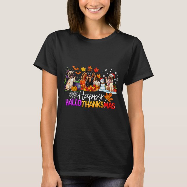 Pugs Hallothanksmas Dog Lovers Funny Christmas Mer T-Shirt (Vorderseite)