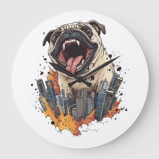Pugzilla greift an � Lustiger Monsterhund Große Wanduhr (Vorderseite)