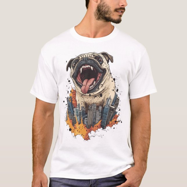 Pugzilla greift an � Lustiger Monsterhund T-Shirt (Vorderseite)