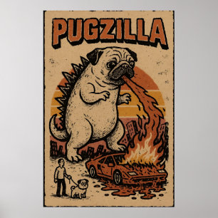 Pugzilla Poster – Süße Pug-Monster-Illustration