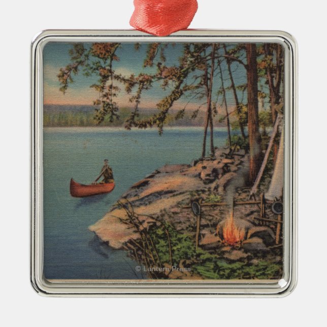 Pulaski, NY Ansicht des Kanus, Camping, Zelt, See Silbernes Ornament (Vorne)