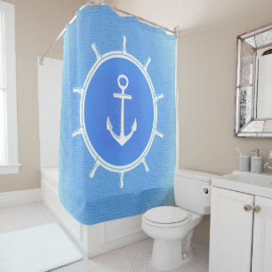 Pulver Blau und Weiß nautischer Anker und Rad Duschvorhang