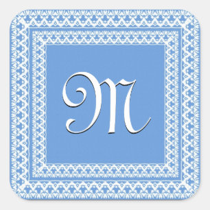 Pulver Blaue und weiße Verzierte Monogramm Quadratischer Aufkleber