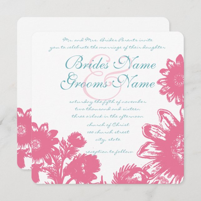 Pulver Blauer und Rosa Vintage Blumenzehen Einladung (Vorne/Hinten)