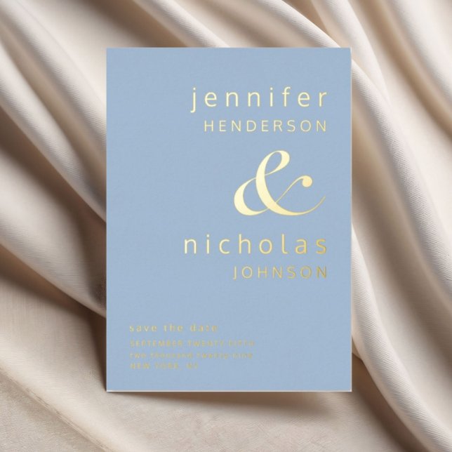 Pulver Blue Gold Ampere und Hochzeit speichern das Folieneinladung (Modern Powder Blue Wedding Save The Date Gold Foil Invitation)