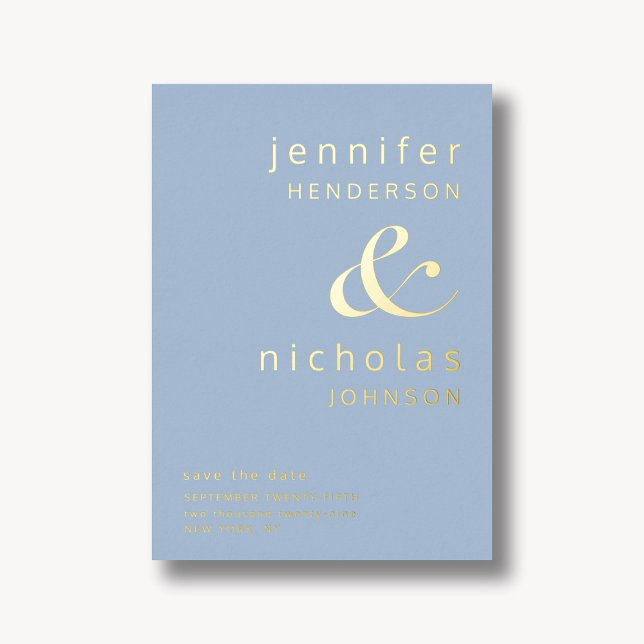 Pulver Blue Gold Ampere und Hochzeit speichern das Folieneinladung (Modern Powder Blue Wedding Save The Date Gold Foil Invitation)
