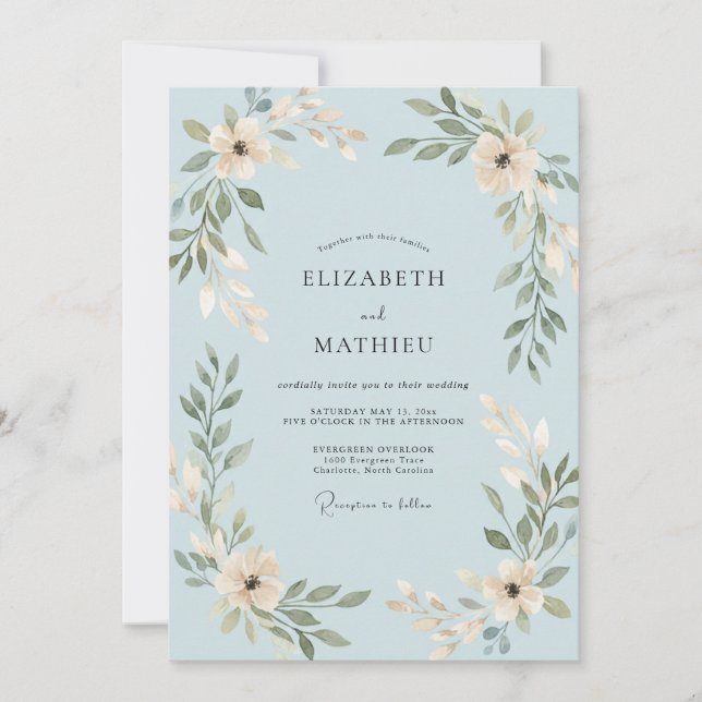 Pulverblaue Blatt Hochzeit Einladung (Vorderseite)