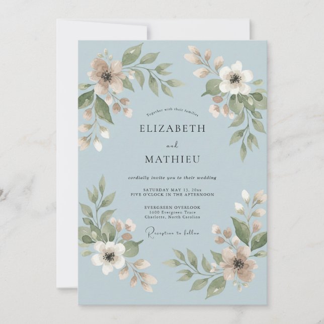 Pulverblaue Blatt Hochzeit Einladung (Vorderseite)