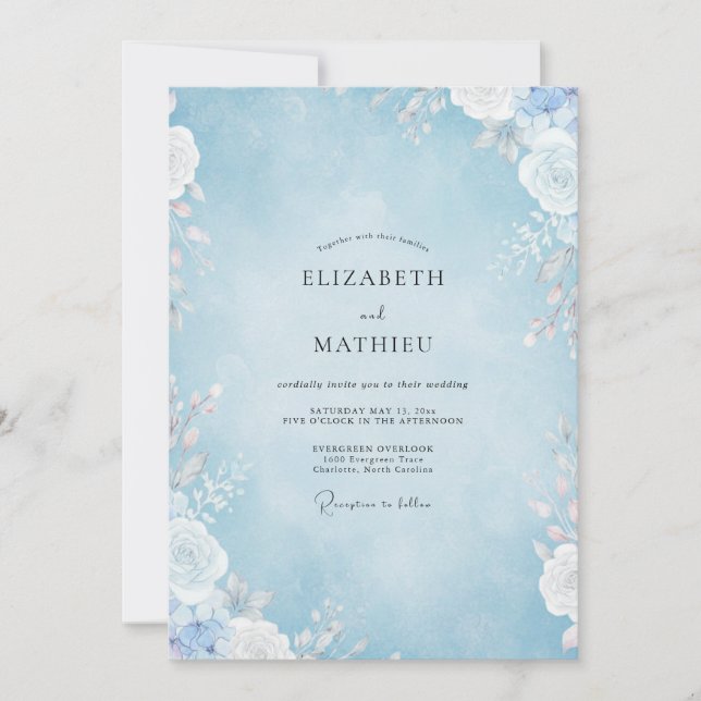 Pulverblaue Blütenhochzeit Einladung (Vorderseite)