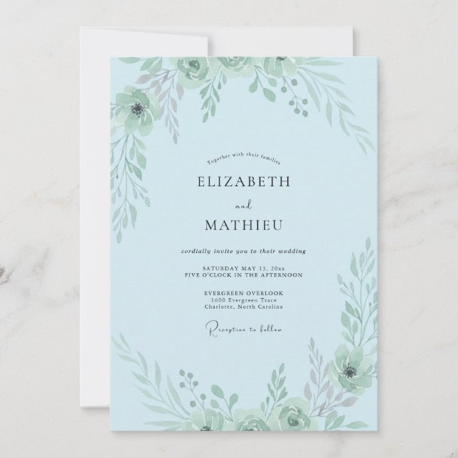 Pulverblaue Grüne Hochzeit Einladung (Vorderseite)