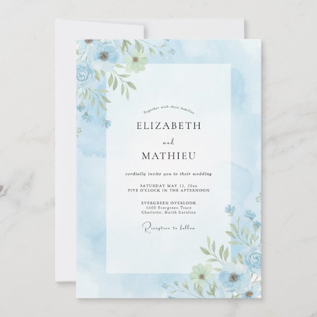 Pulverblaue Hochzeit bemalt Einladung (Vorderseite)