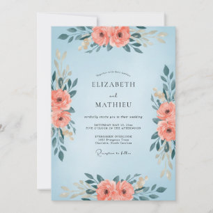 Pulverblaue Korallenblüten-Hochzeit Einladung