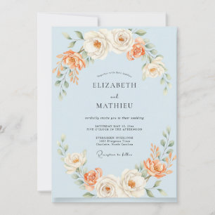 Pulverblaue Pfirsichbemalte Hochzeit Einladung