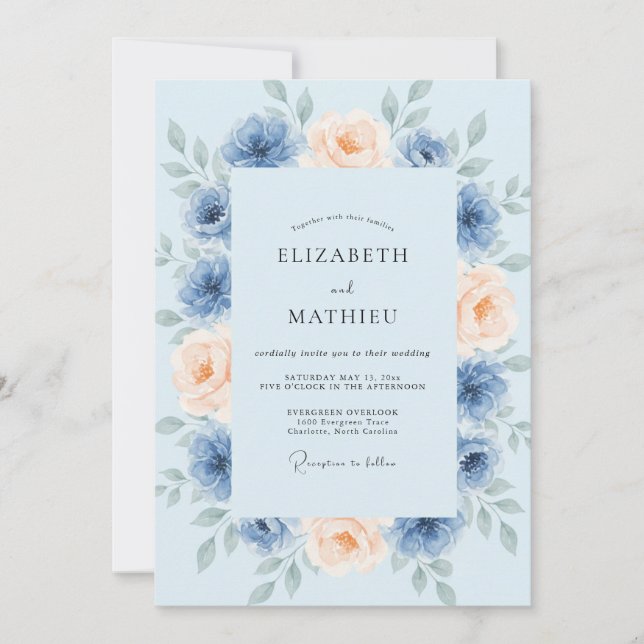 Pulverblaue Rose-Hochzeit Einladung (Vorderseite)