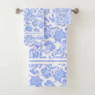 Pulverfarbe Blau und weiße Floral Damast Badhandtuch Set