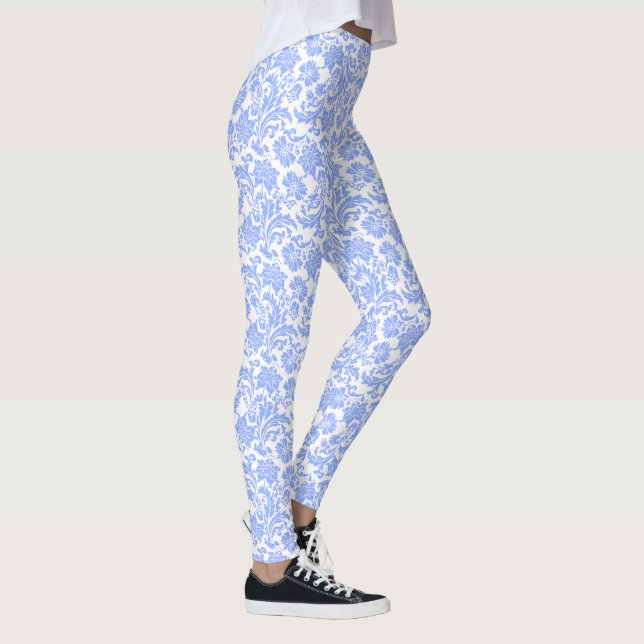 Pulverfarbe Blau und weiße Floral Damast Leggings (Rechts)