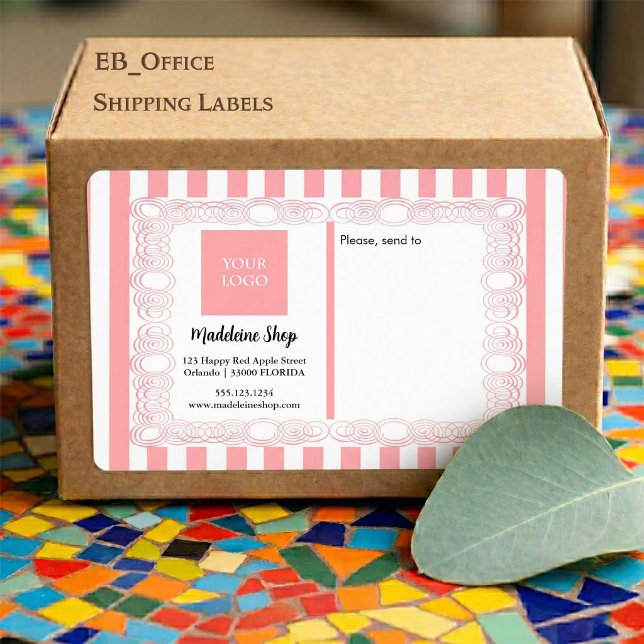 Pulverrosa Streifen und geschmeidige Rahmen und Lo (Chic Light Pink & White Stripes & Logo.
Size: 3.75” L x 2” W - Eight labels per sheet
)