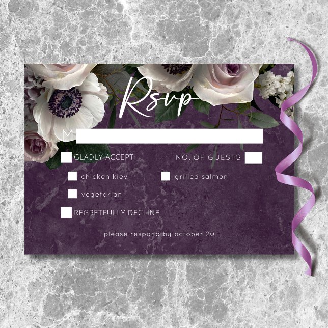 Pum Lila Elegante Flora Modernes Hochzeitessen RSVP Karte (Plum Purple Elegant Floral Modern Wedding Dinner RSVP Card)