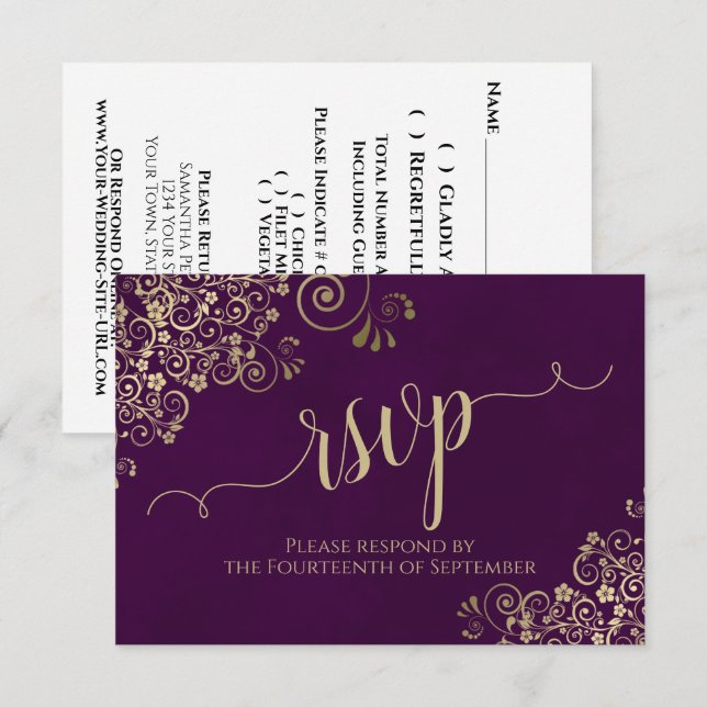 Pum Lila Gold Lace Elegante Calligrafy Wedding RSVP Karte (Vorne/Hinten)