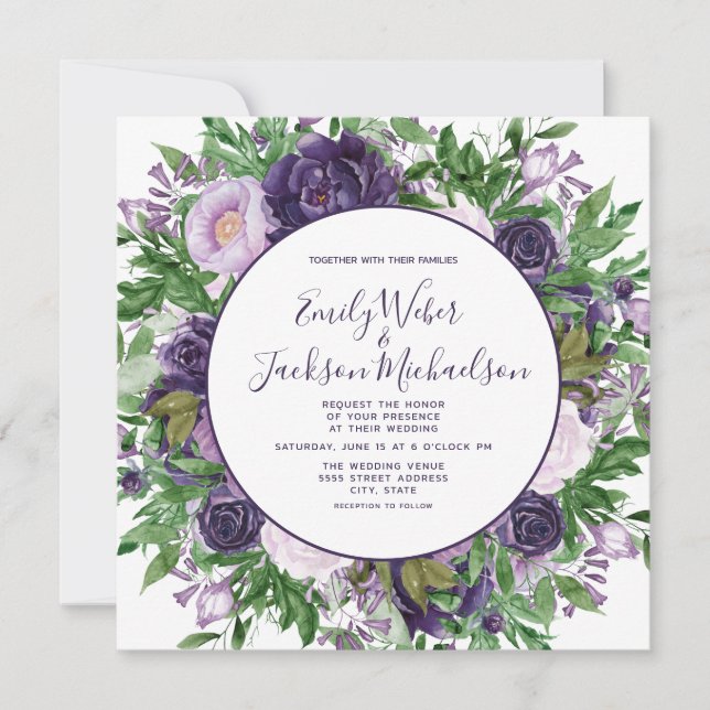 Pum Lila Lavender Blumengrün Hochzeit Einladung (Vorderseite)