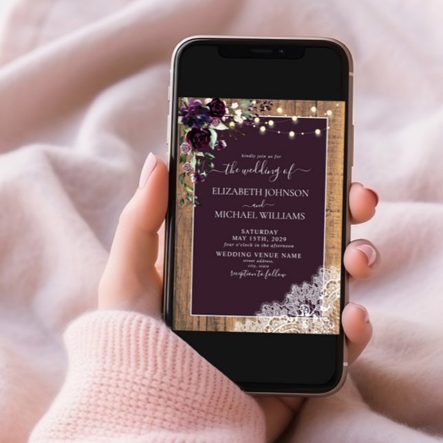 Pum Lila Rustic Wood Lace Script Wedding Einladung (Von Creator hochgeladen)