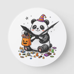Pummeliger Halloween-Panda mit süßem Bauch & Hexen Runde Wanduhr