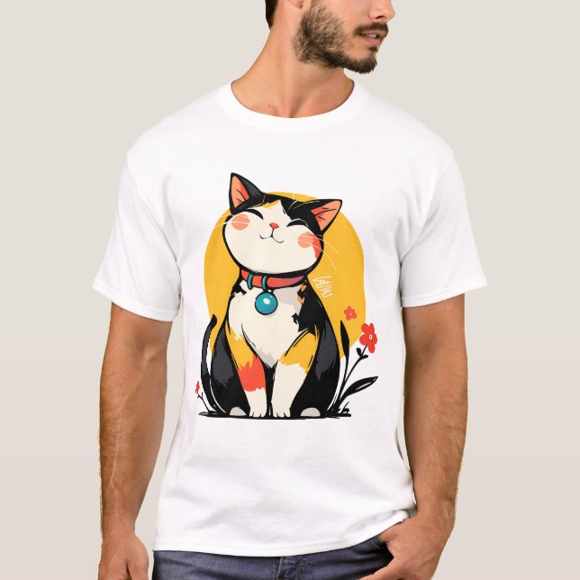 Pummeliger lächelnder Dreifarbenkatzen-Button T-Shirt (Vorderseite)