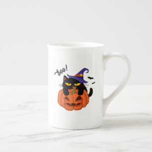 Pummeliger schwarzer Kater in Hexenhut Halloween Prozellantasse