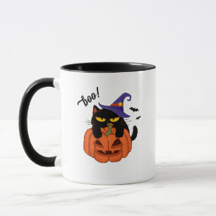Pummeliger schwarzer Kater in Hexenhut Halloween Tasse