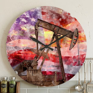 Pumpjack Silhouette Aquarell mit amerikanischer Fl Große Wanduhr