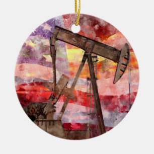 Pumpjack Silhouette Aquarell mit amerikanischer Fl Keramik Ornament