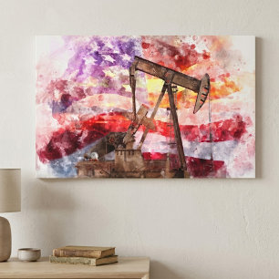 Pumpjack Silhouette Aquarell mit amerikanischer Fl Leinwanddruck