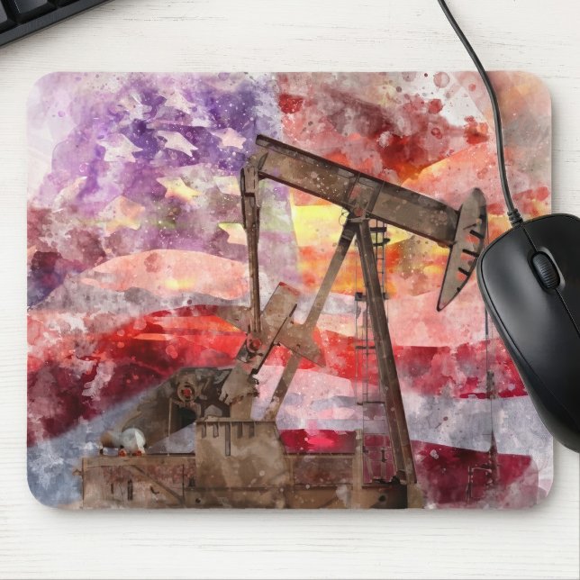Pumpjack Silhouette Aquarell mit amerikanischer Fl Mousepad (Patriotic Pumpjack Watercolor Sunset Art. Mouse Pad)