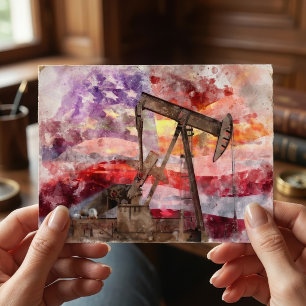 Pumpjack Silhouette Aquarell mit amerikanischer Fl Postkarte