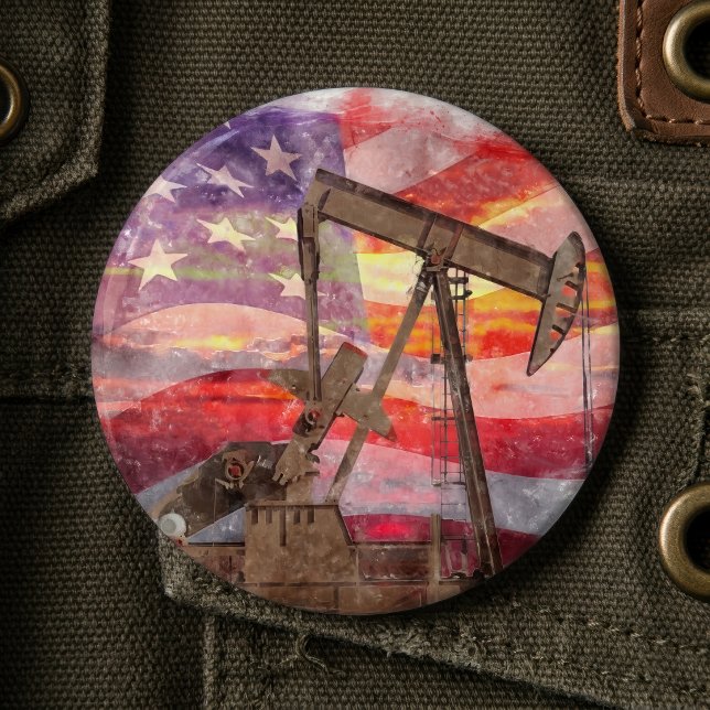 Pumpjack Silhouette Pastellfarben zeichnend amerik Button (Patriotic Pumpjack at Sunset Pastel Drawing Art. Button)