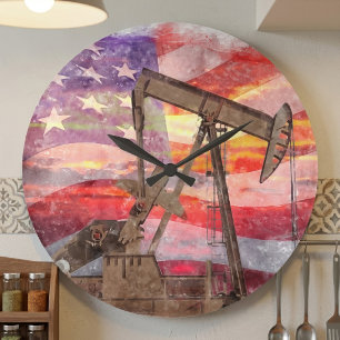 Pumpjack Silhouette Pastellfarben zeichnend amerik Große Wanduhr