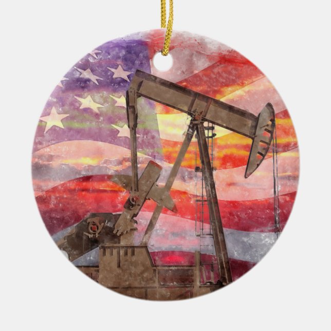 Pumpjack Silhouette Pastellfarben zeichnend amerik Keramik Ornament (Vorne)