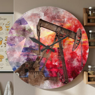 Pumpjack Texan Ikone Aquarell mit Texas Flag Große Wanduhr