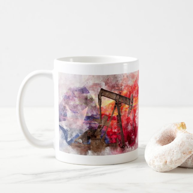 Pumpjack Texan Ikone Aquarell mit Texas Flag Kaffeetasse (Mit Donut)