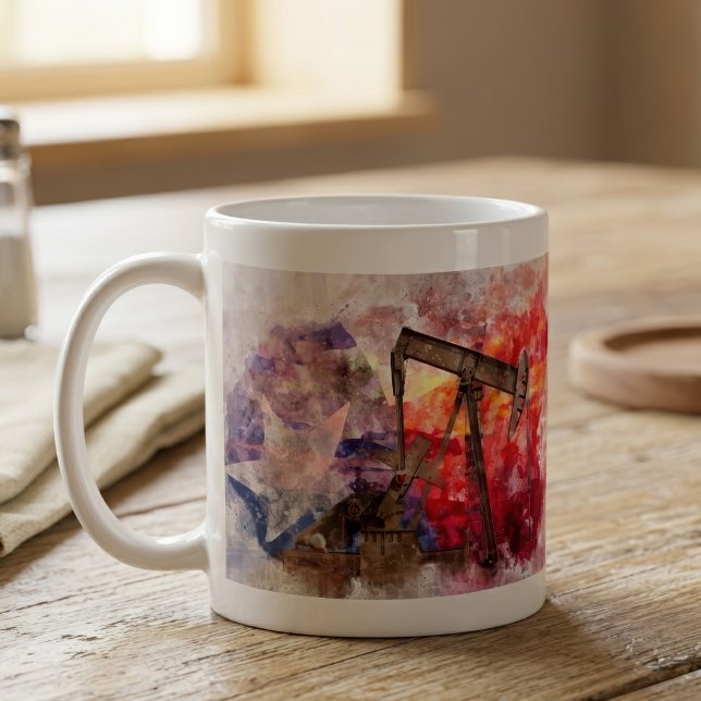 Pumpjack Texan Ikone Aquarell mit Texas Flag Kaffeetasse (Texas Pumpjack Watercolor with Texas Flag Art. Coffee Mug)
