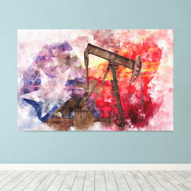 Pumpjack Texan Ikone Aquarell mit Texas Flag Leinwanddruck (Insitu (Holzboden))