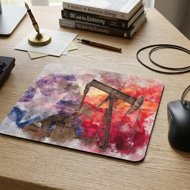 Pumpjack Texan Ikone Aquarell mit Texas Flag Mousepad (Texas Pumpjack Watercolor with Texas Flag Art. Mouse Pad)