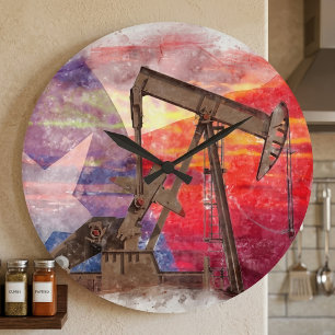 Pumpjack Texan Ikone Pastellfarben zeichnend mit T Große Wanduhr