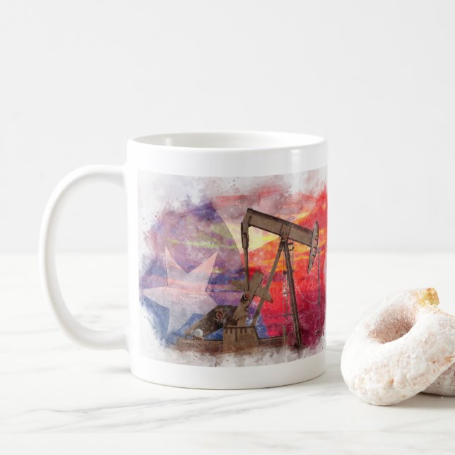 Pumpjack Texan Ikone Pastellfarben zeichnend mit T Kaffeetasse (Mit Donut)