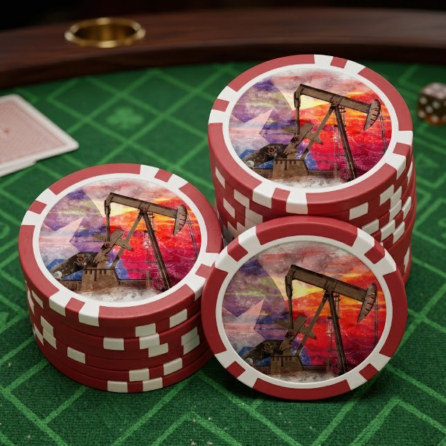 Pumpjack Texan Ikone Pastellfarben zeichnend mit T Pokerchips (Texas Oil Pumpjack: Lone Star State Heritage Art. Poker Chips)