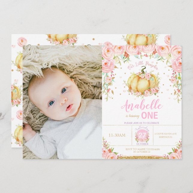 Pumpkin 1. Geburtstag Little Pumpkin Party Foto Einladung (Vorne/Hinten)