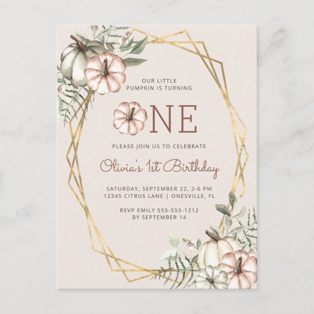 Pumpkin 1. Geburtstag Party Beige Postkarte (Vorderseite)