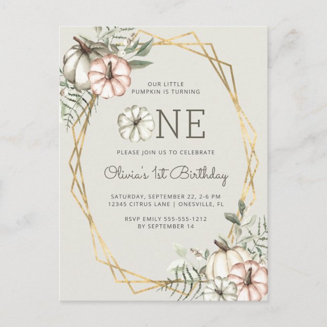 Pumpkin 1. Geburtstag Party Sage Green Postcard Postkarte (Vorderseite)